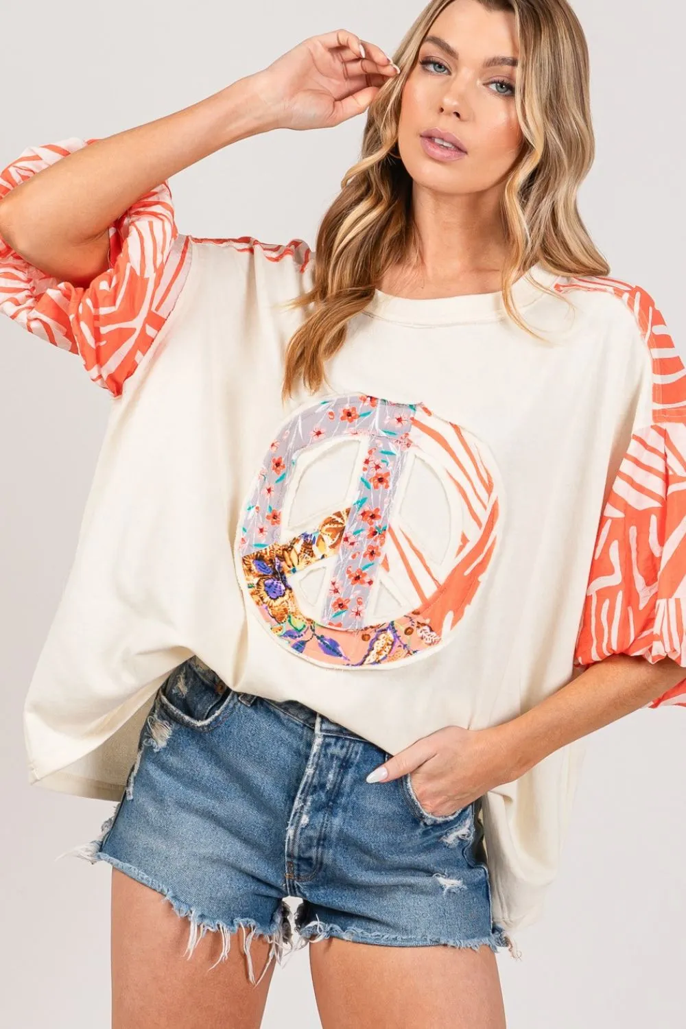 SAGE   FIG Peace Applique Patch with Zebra Print Contrast Top