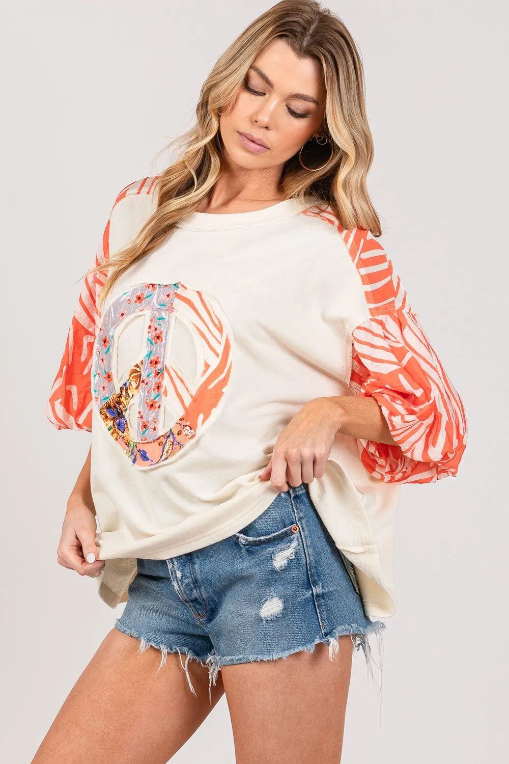 SAGE   FIG Peace Applique Patch with Zebra Print Contrast Top