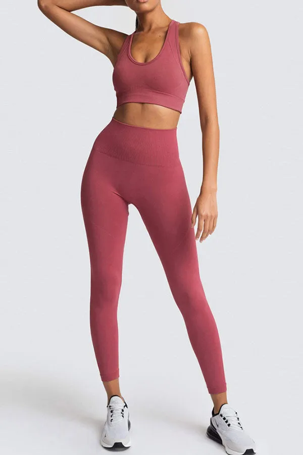 Solid Color Sporty Yoga Pants Suit