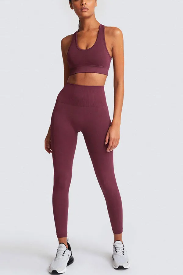 Solid Color Sporty Yoga Pants Suit