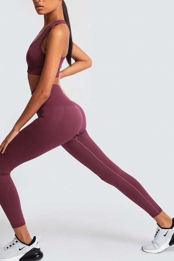 Solid Color Sporty Yoga Pants Suit