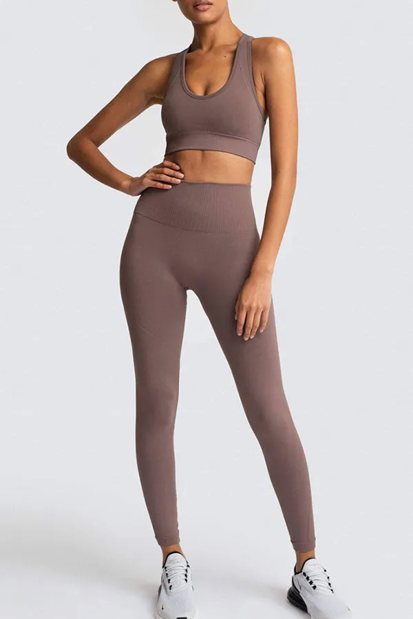 Solid Color Sporty Yoga Pants Suit
