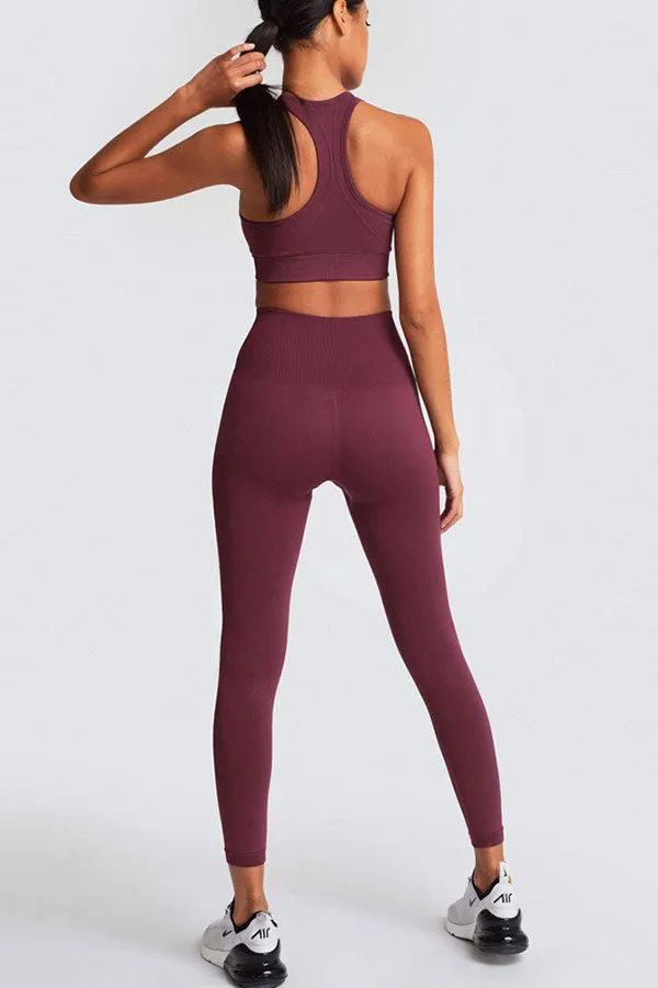 Solid Color Sporty Yoga Pants Suit