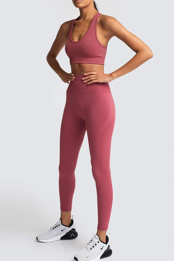 Solid Color Sporty Yoga Pants Suit