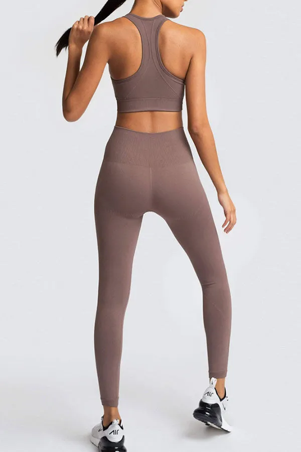 Solid Color Sporty Yoga Pants Suit