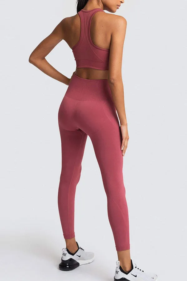 Solid Color Sporty Yoga Pants Suit