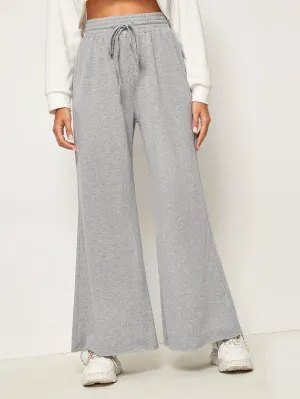 Solid Drawstring Waist Wide Leg Pants