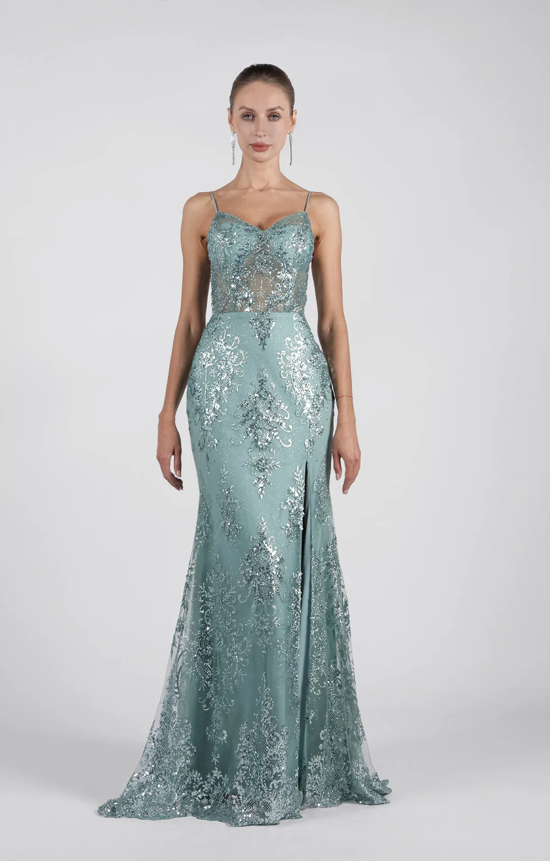 Spaghetti Straps High Side Split Sweep Train Lace-Up  Evening Dress