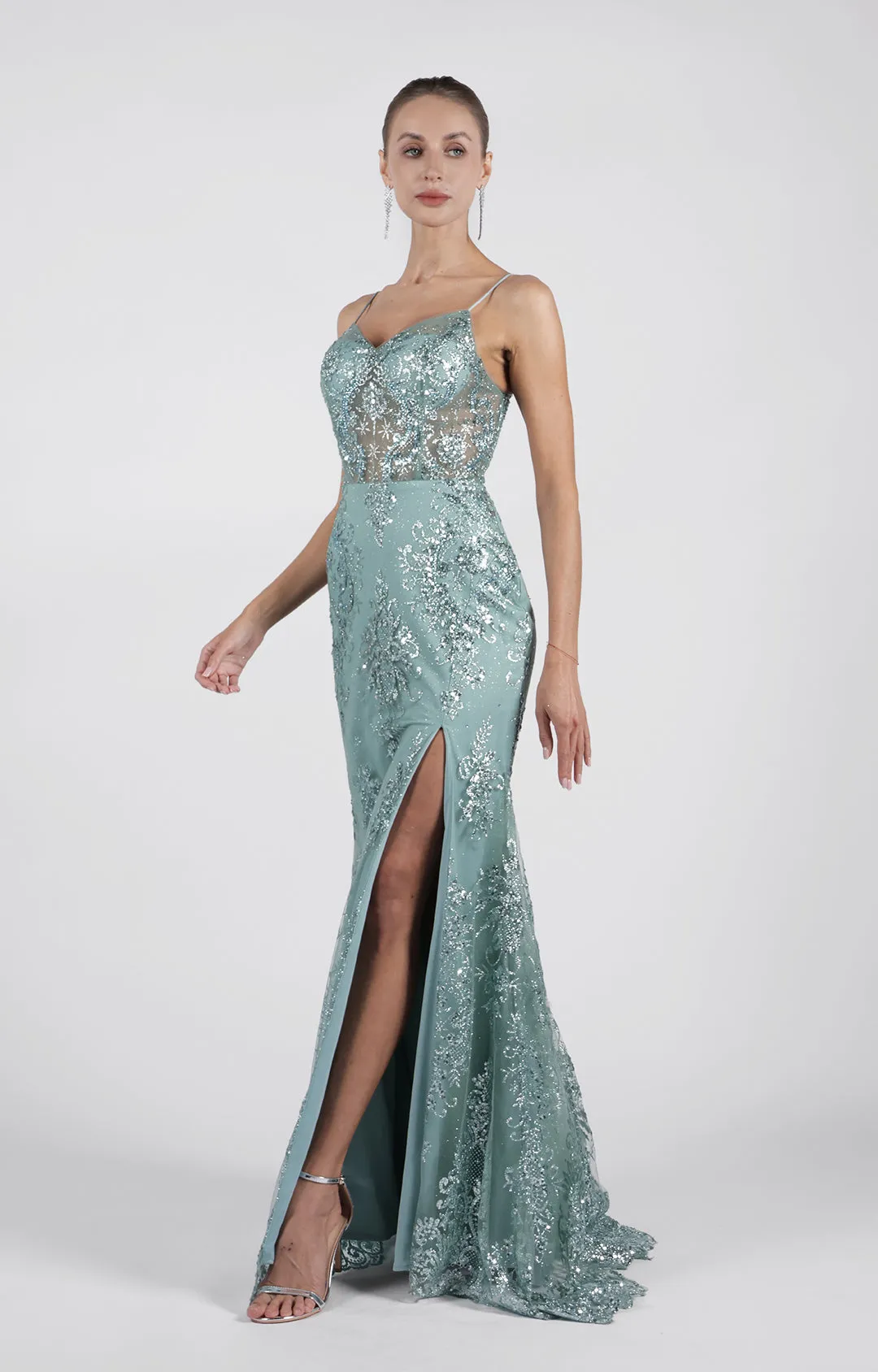 Spaghetti Straps High Side Split Sweep Train Lace-Up  Evening Dress