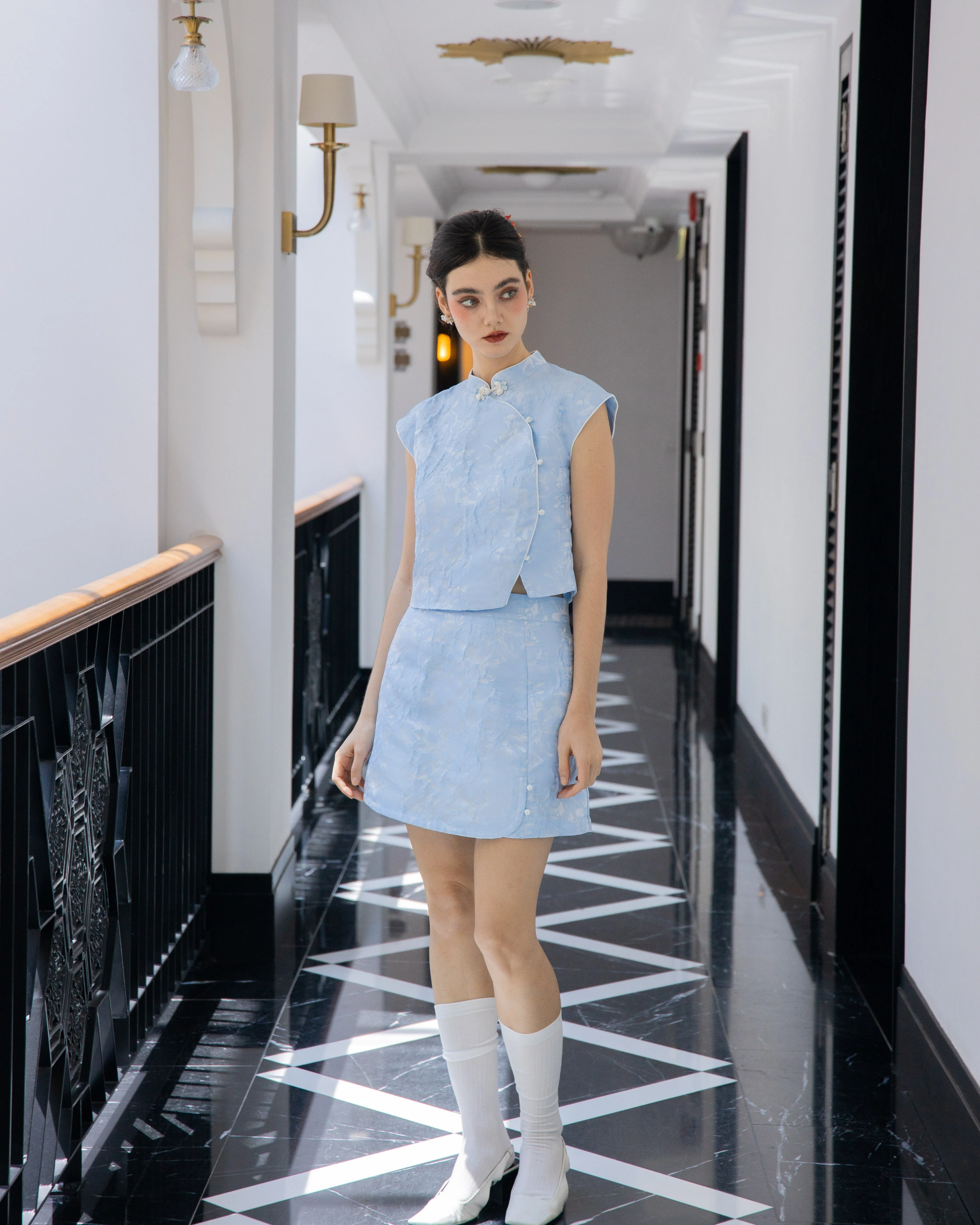Spring Aura Embroidery A Line Mini Skirt (Blue)