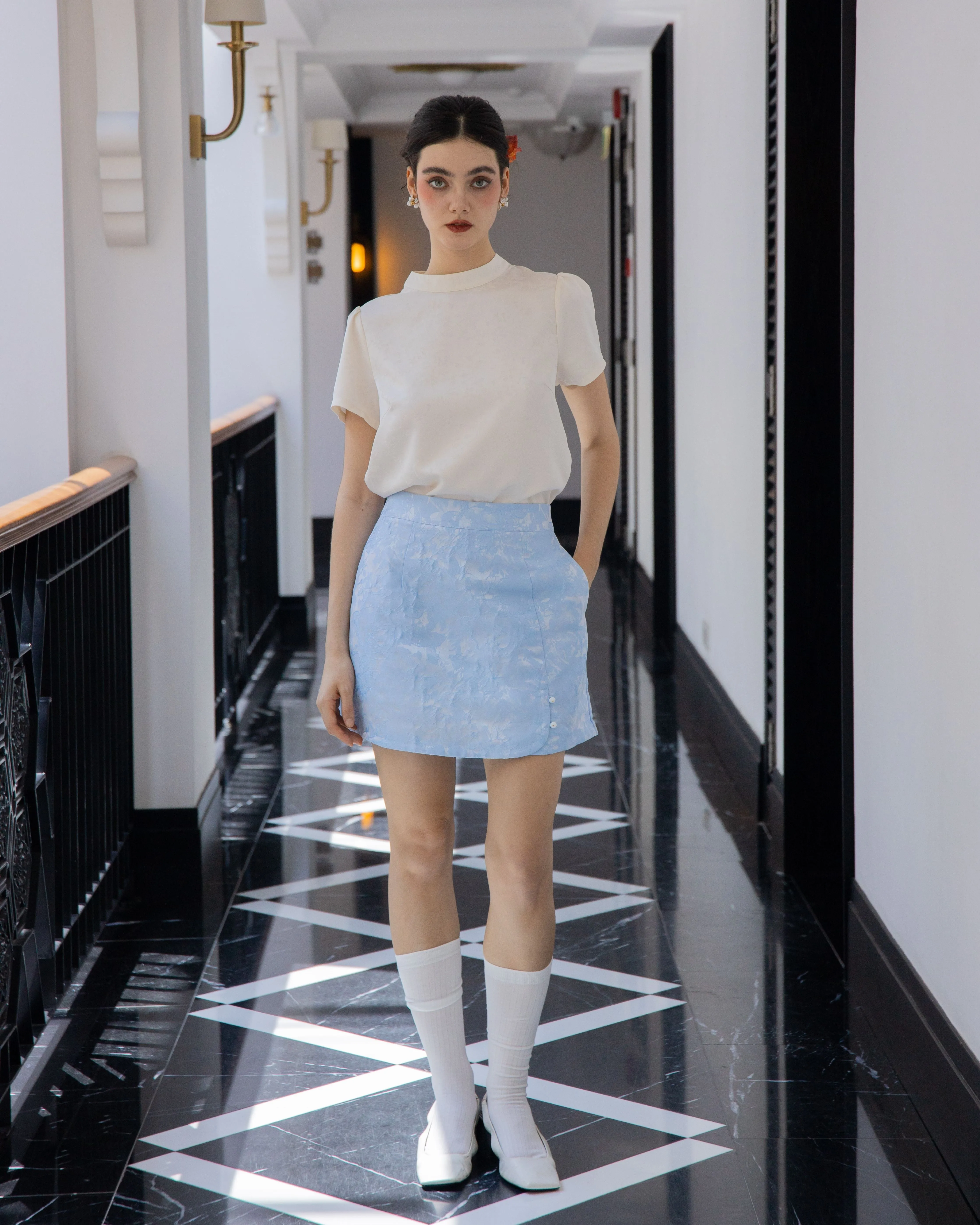 Spring Aura Embroidery A Line Mini Skirt (Blue)