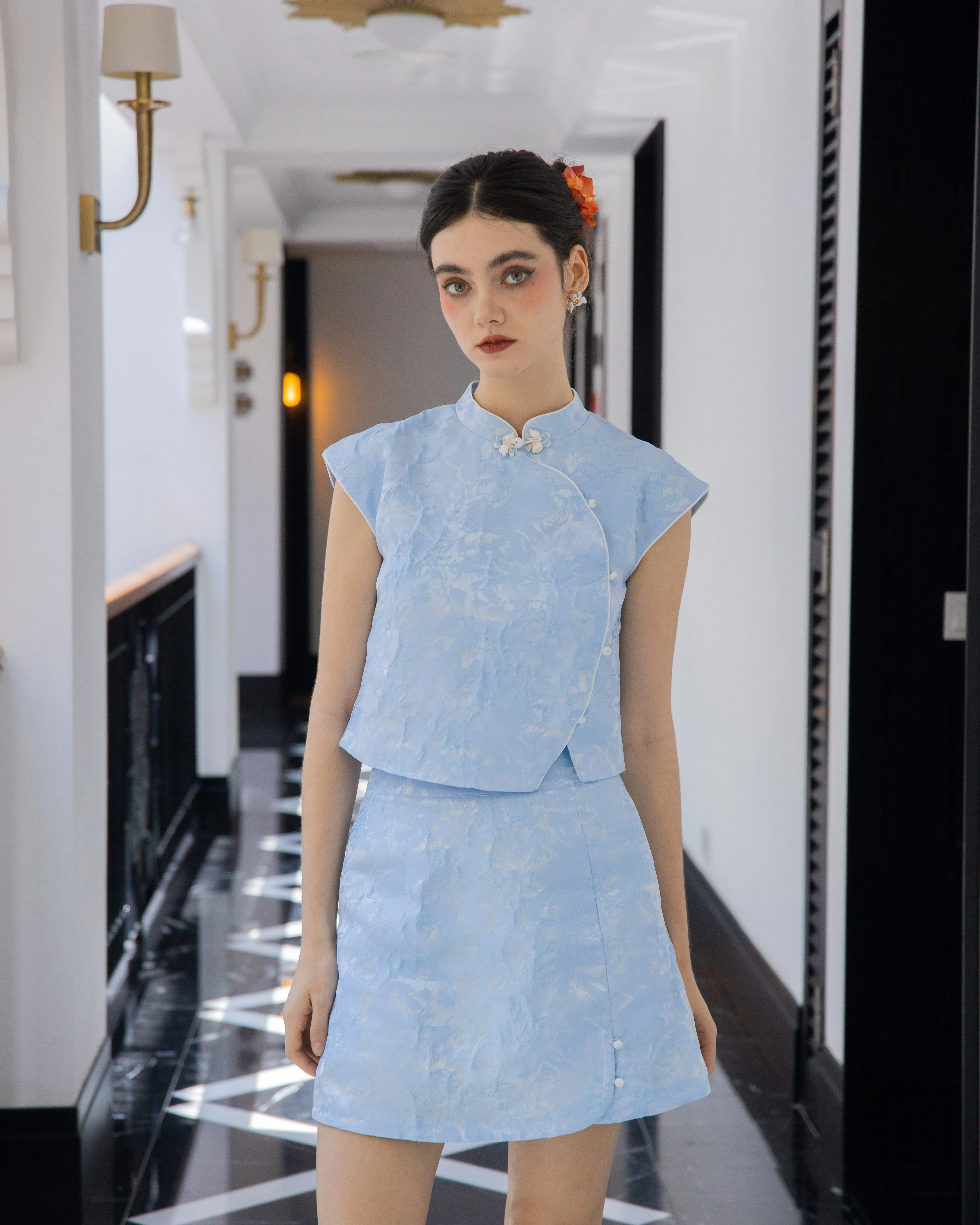 Spring Aura Embroidery A Line Mini Skirt (Blue)