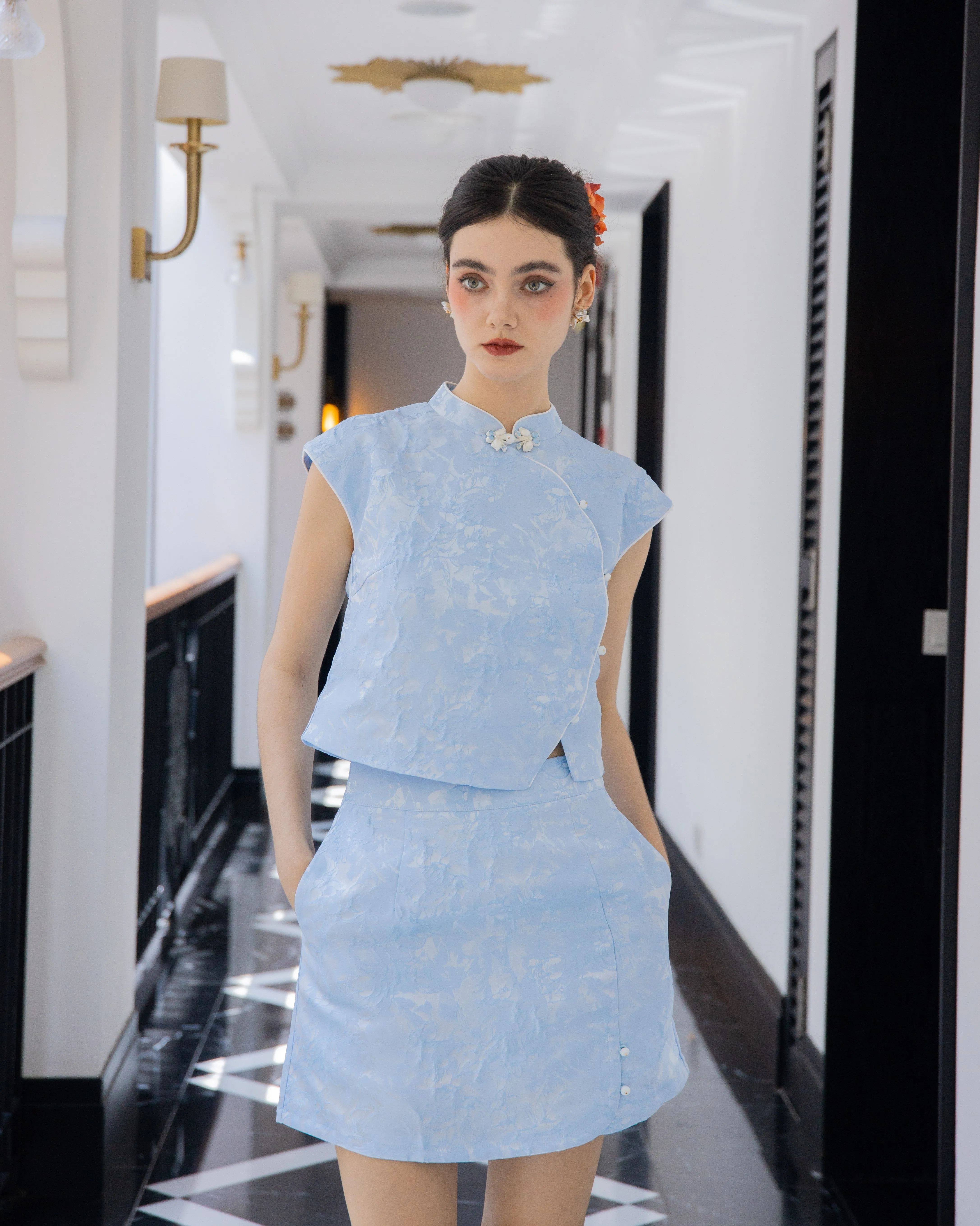 Spring Aura Embroidery A Line Mini Skirt (Blue)