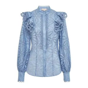 Statement Blouse with Macrame Details - Blue