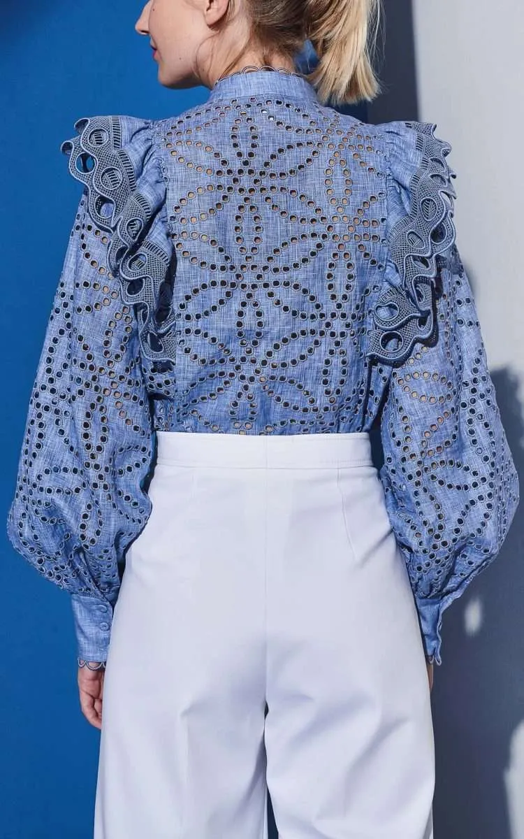 Statement Blouse with Macrame Details - Blue
