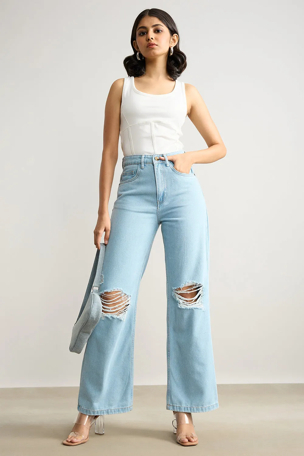 True Blue Distressed Wide Leg Jeans