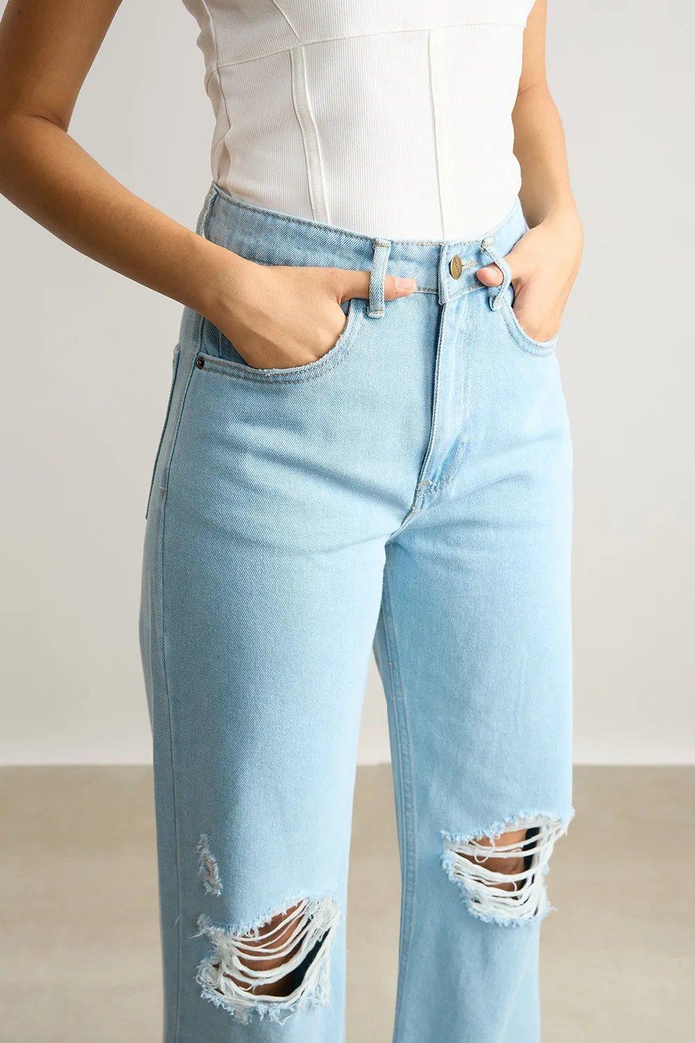 True Blue Distressed Wide Leg Jeans