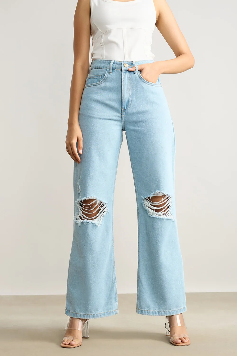 True Blue Distressed Wide Leg Jeans