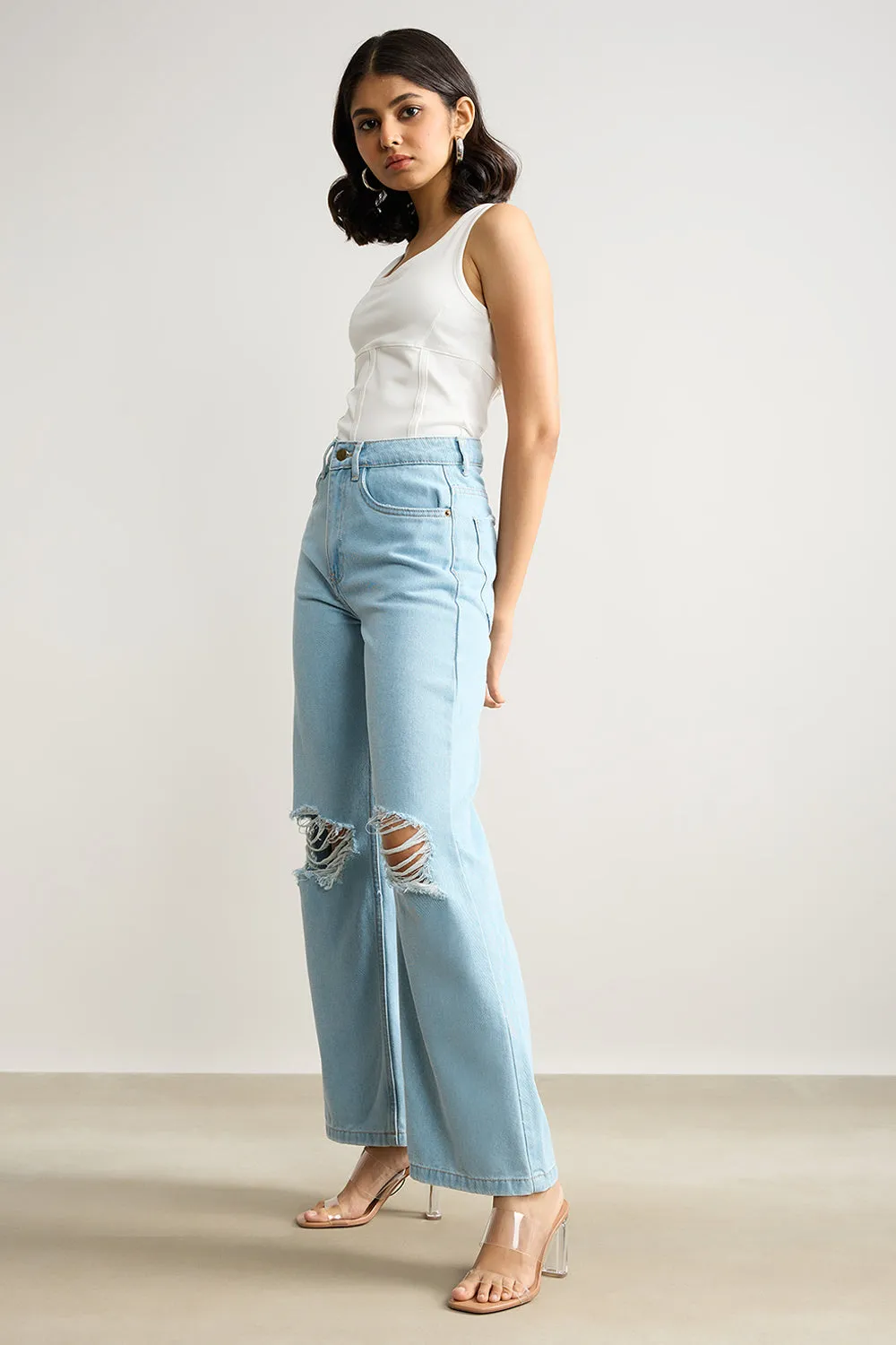 True Blue Distressed Wide Leg Jeans