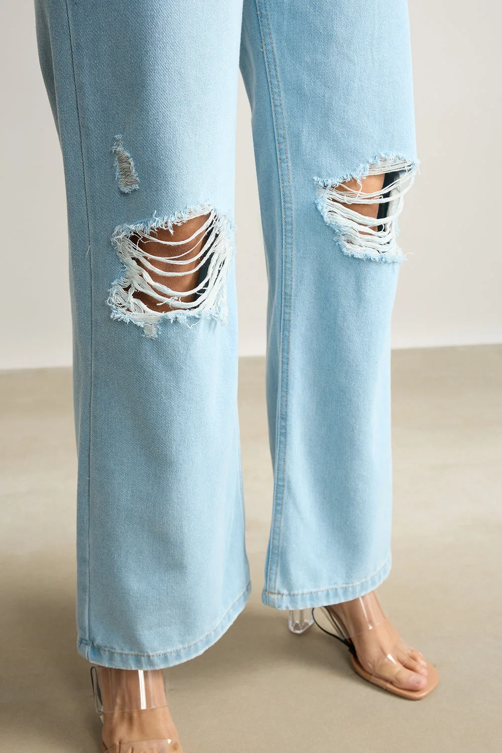 True Blue Distressed Wide Leg Jeans