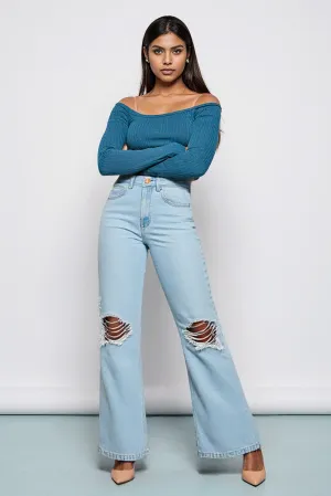 True Blue Distressed Wide Leg Jeans