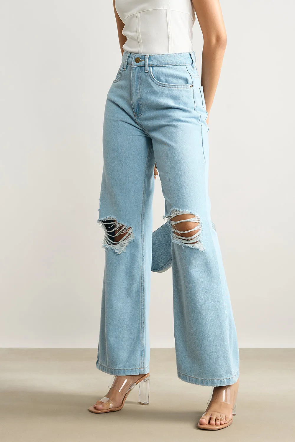 True Blue Distressed Wide Leg Jeans