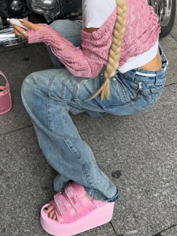 Vintage Gradient Zipper Button Jeans