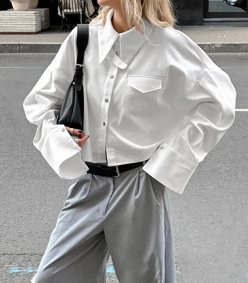 Women's French Style Lapel Loose Fit Cotton Crop Shirt