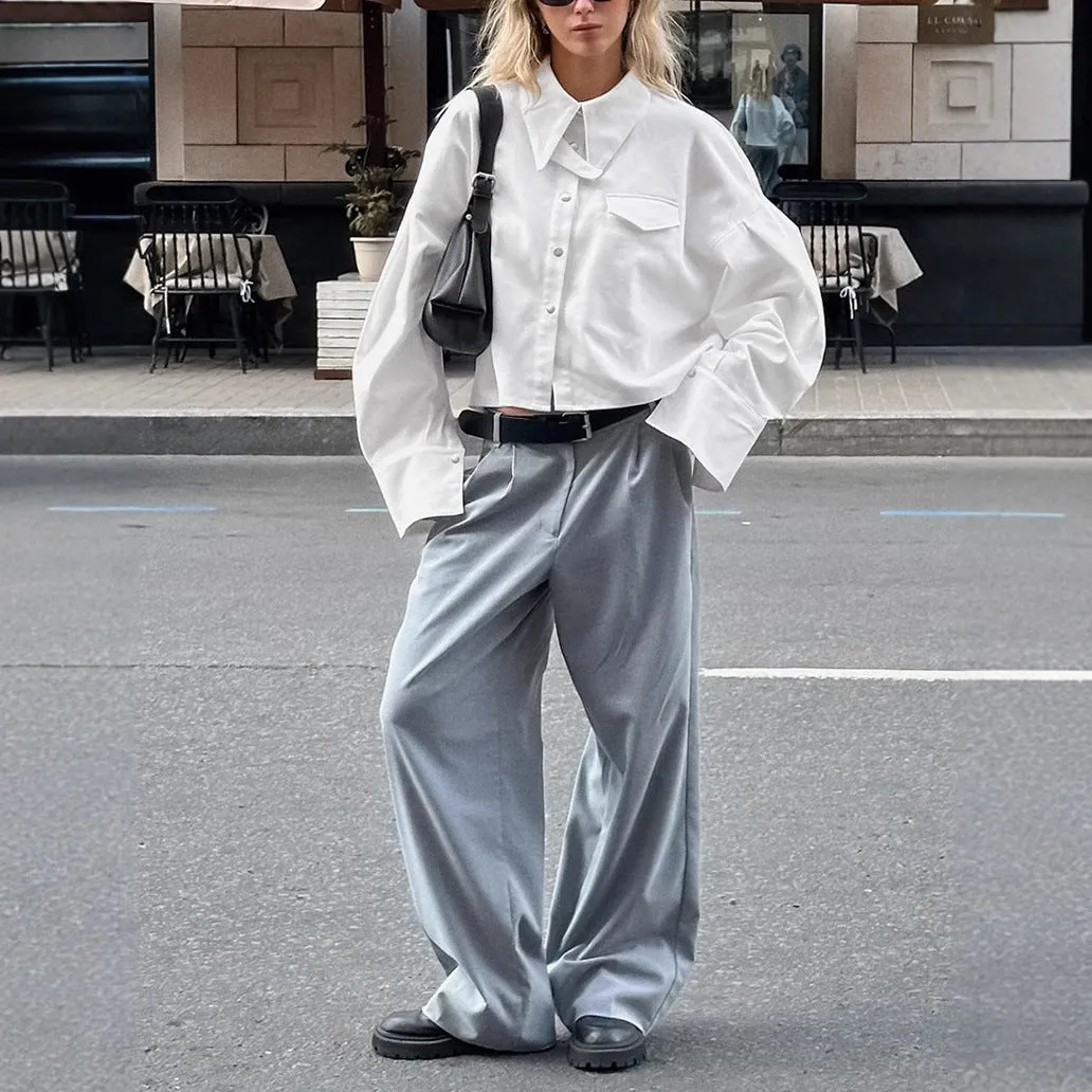 Women's French Style Lapel Loose Fit Cotton Crop Shirt