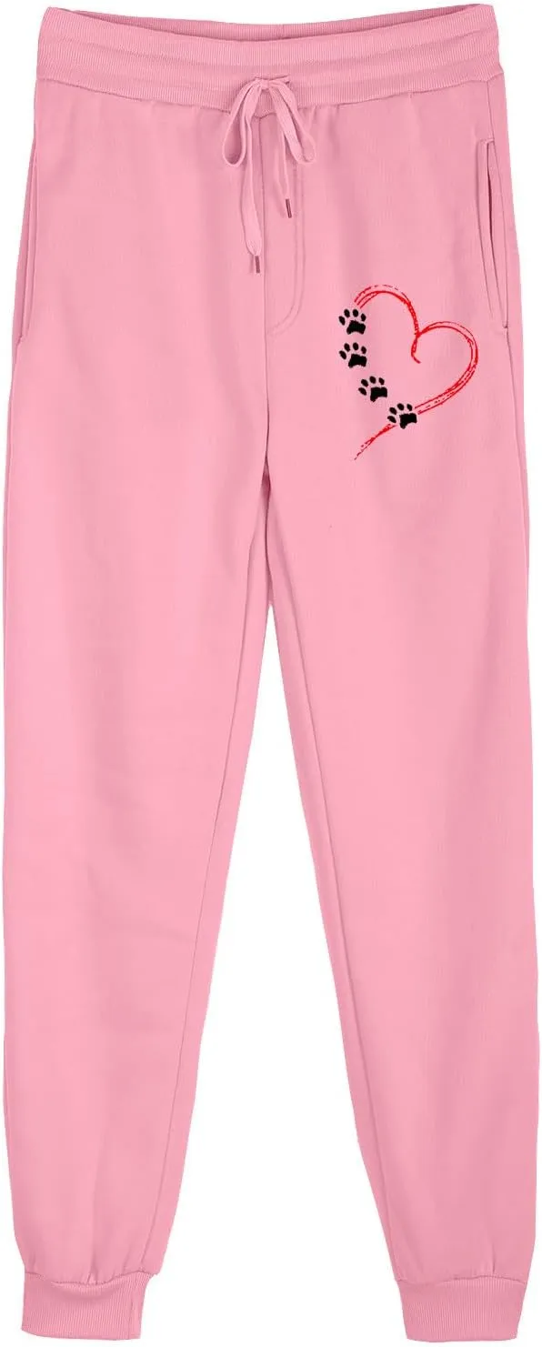 Women's Love Heart Dog Paw Print Sweatpants Winter Fleece Sports Pant Baggy High Waist Drawstring Joggers with Pockets
