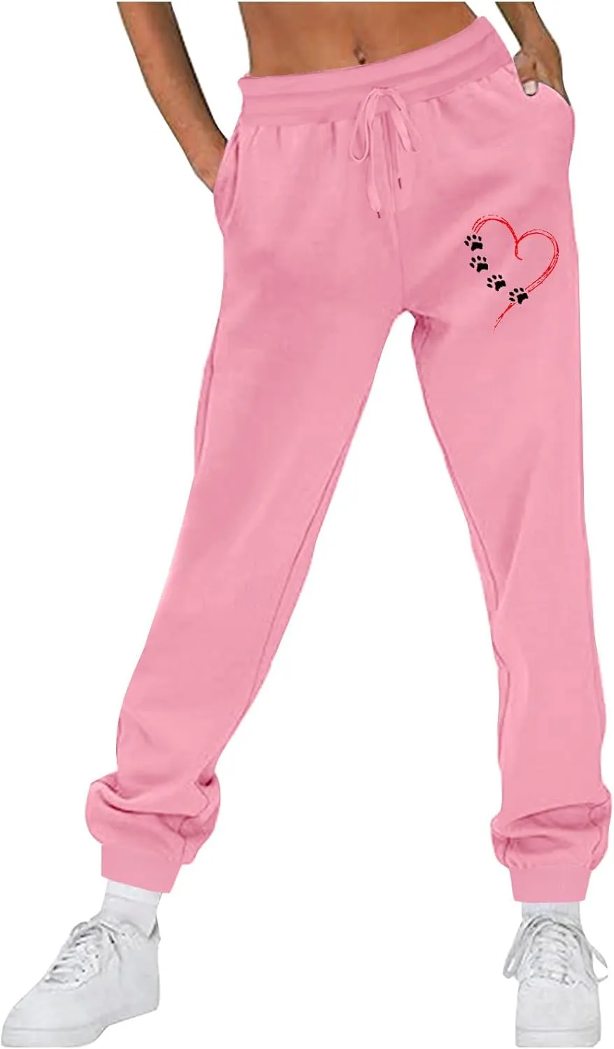 Women's Love Heart Dog Paw Print Sweatpants Winter Fleece Sports Pant Baggy High Waist Drawstring Joggers with Pockets