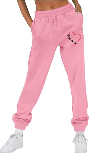 Women's Love Heart Dog Paw Print Sweatpants Winter Fleece Sports Pant Baggy High Waist Drawstring Joggers with Pockets