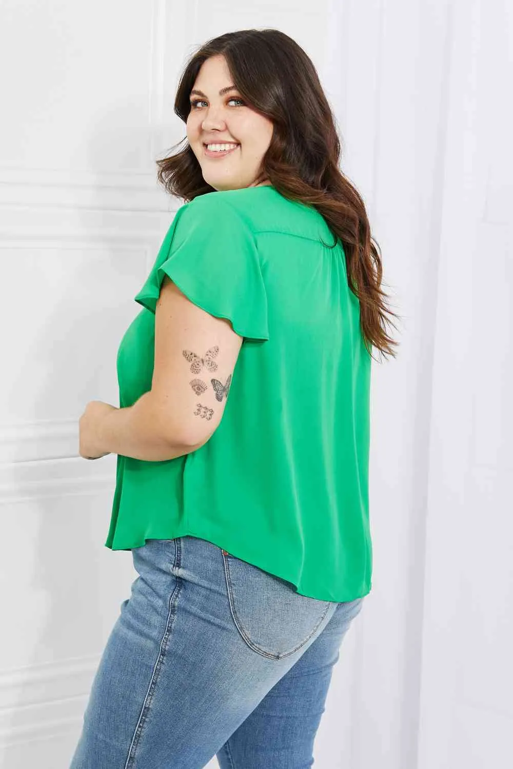 Women's Sew In Love Just For You Full Size Short Ruffled Sleeve length Top in Green